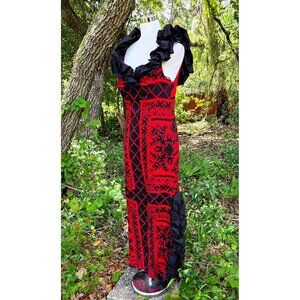 Vintage MAMO HOWELL Hawaiian Aloha Red Tropical Floral Maxi Ruffle Dress 10?